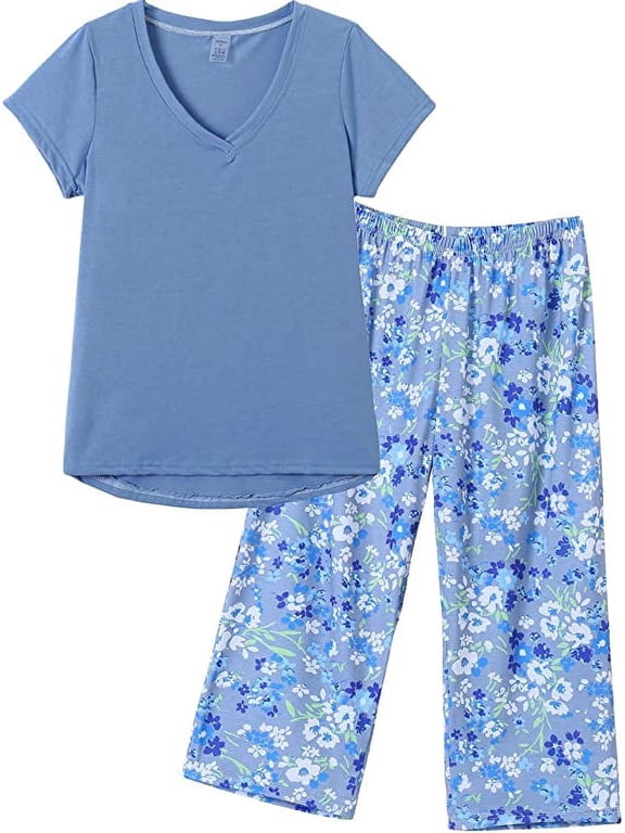Women's Plus Size 2-Piece Capri Pajamas Set Short Sleeve Top Capri Pants Sleepwear,2XL