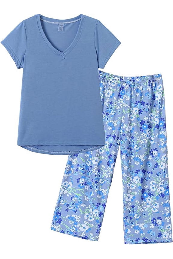 Women's Plus Size 2-Piece Capri Pajamas Set Short Sleeve Top Capri Pants Sleepwear,L