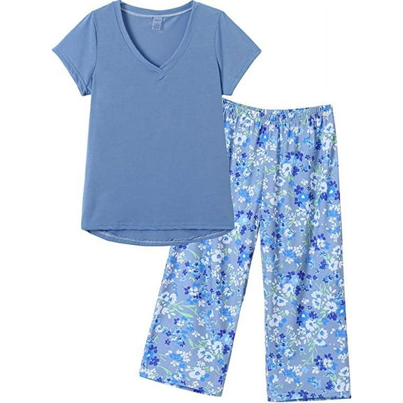 MyFav Women's Plus Size 2-Piece Capri Pajamas Set Short Sleeve Top Capri Pants Sleepwear,S