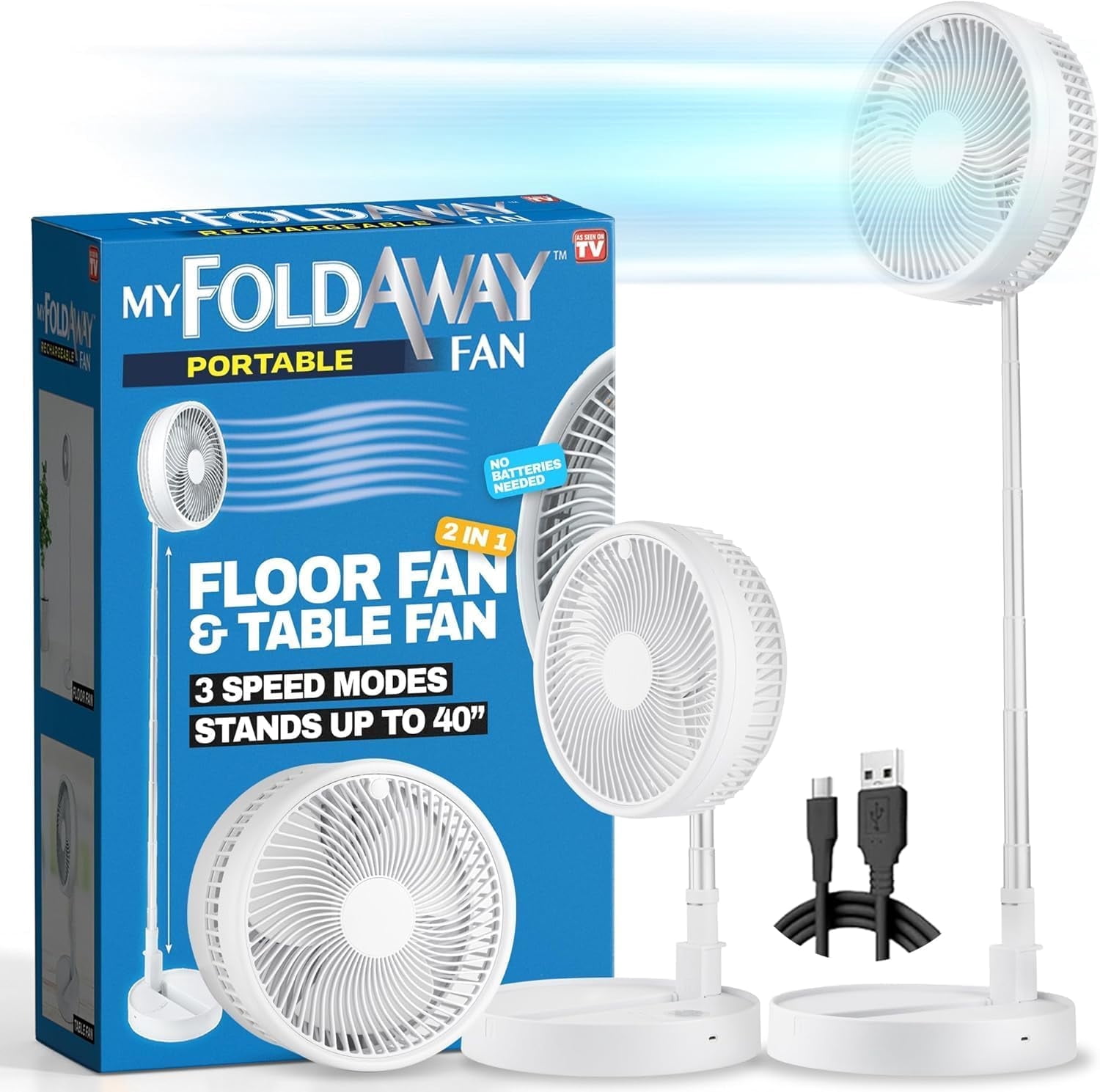 MyFoldaway Portable Fan for Travel, USB Rechargeable Cordless Portable Fans for Desk, Home Lightweight Compact & Foldable, Pedestal Extends from 4-40”, 3 Speeds