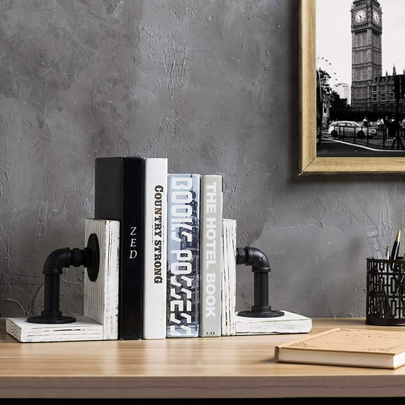 MyGift 1-Pair Decorative Whitewashed Wood Bookends with Industrial Pipe