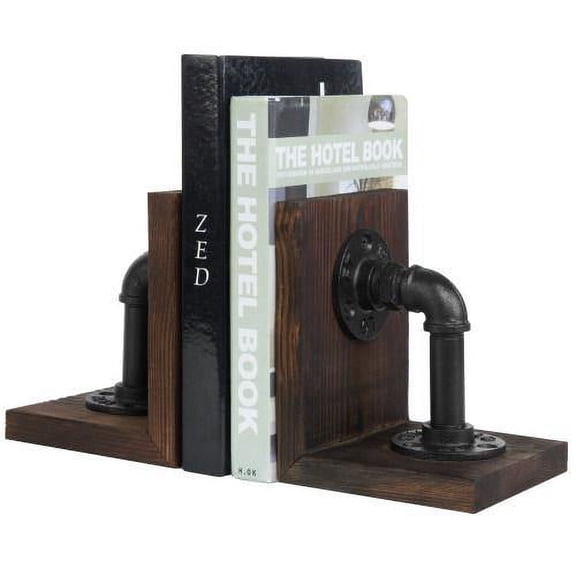 MyGift 1 Pair Industrial Pipe and Rustic Wood Bookends, Dark Brown