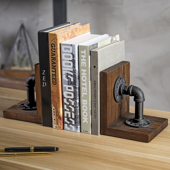 MyGift 1 Pair Industrial-Style Pipe and Rustic Wood Tabletop Bookends