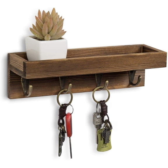 MyGift 1 Piece Vintage Brown Wood Floating Shelf with 4 Antique Metal Key Hooks