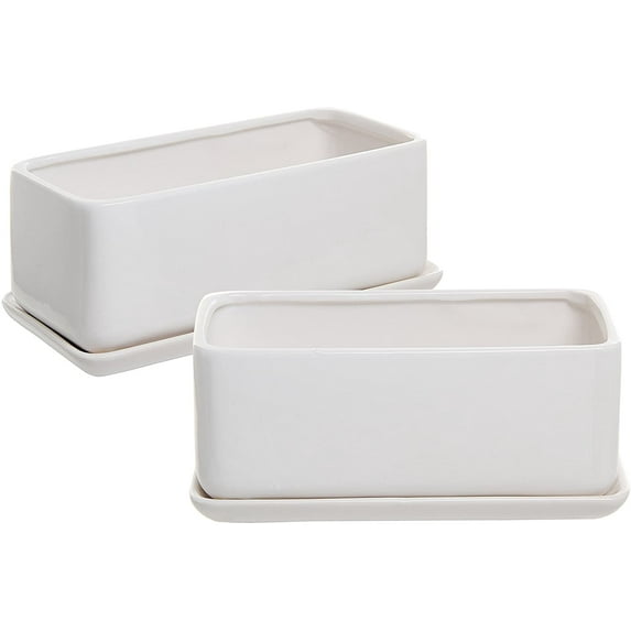 MyGift 10 Inch White Ceramic Rectangular Succulent Planters with Removable Tray, Set of 2