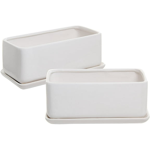 MyGift 10 Inch White Ceramic Rectangular Succulent Planters with Removable Tray, Set of 2