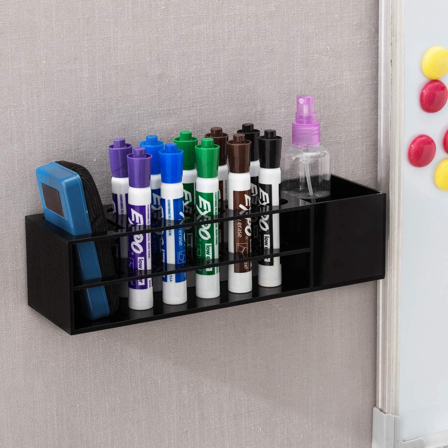 CaseBot 2-Tier Acrylic Dry Erase Marker Holder, 8-Slot Adhesive Wall Mount Pen Eraser Whiteboard Organizer Stand for Office, Home, Fridge (Black)