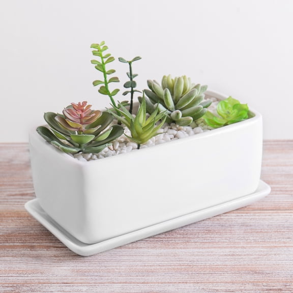 MyGift 10 inch Minimalist White Ceramic Planter Pot with Tray, Rectangular