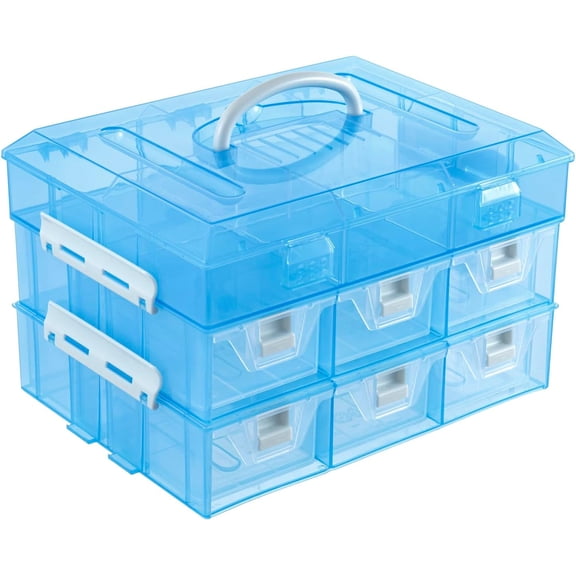 MyGift 11 Inch Sky Blue Craft Storage Organizer Case with 24 Compartments 6 Drawers Removable Dividers Portable Sewing Supplies Box Stackable Storage for Home Workspace