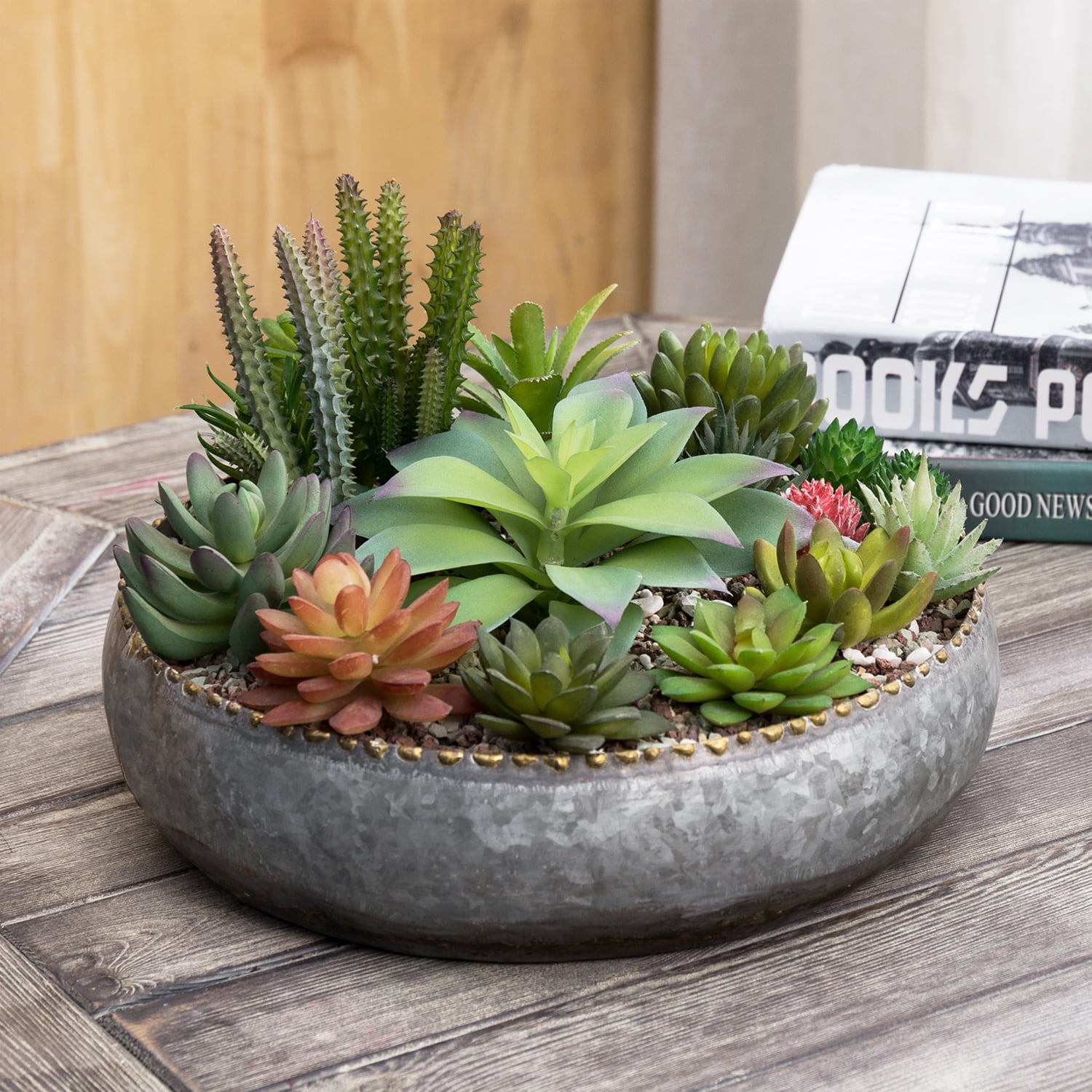 11-inch Galvanized Silver Metal Round Planter Bowl with Brass Pebbled Rim