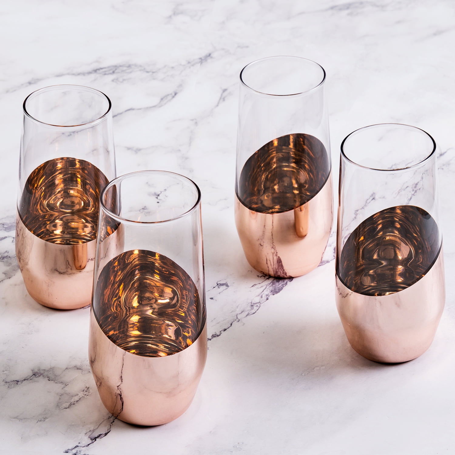 MyGift 11 oz Modern Copper Stemless Champagne Flute Glasses, Set of 4 Rose Gold Clear Glass
