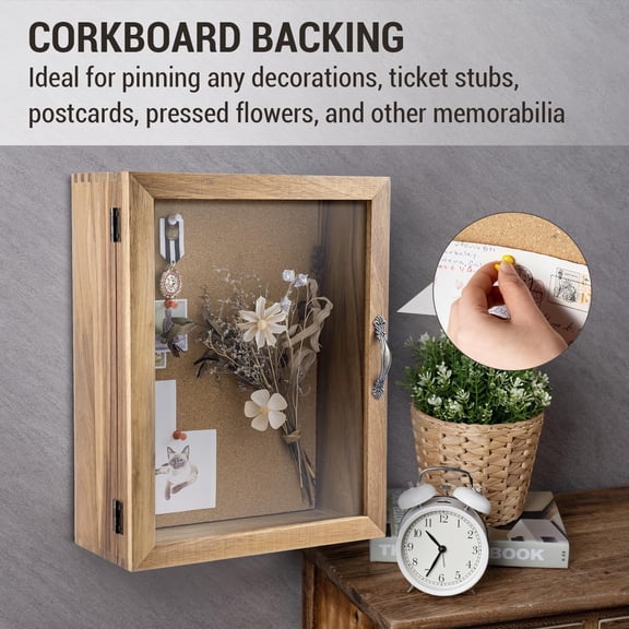 MyGift 11x14 Acacia Wood Deep Shadow Box with Cork Back & Acrylic Front, Wall Mounted Keepsake Display Case with Metal Latch & Handle