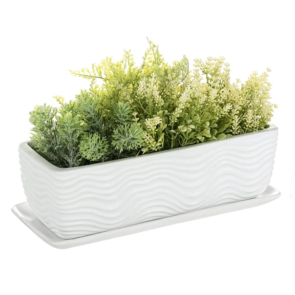 MyGift 12.5 Inch Modern White Ceramic Rectangular Flower Planter with Wave Design and Removable Drip Tray Saucer