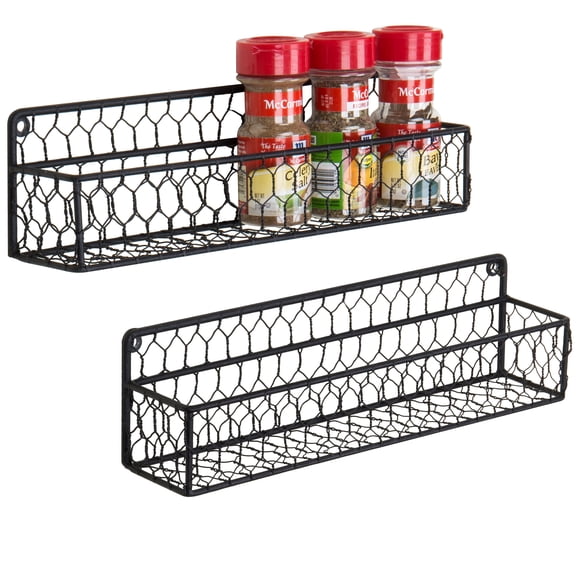 MyGift 2 Pcs Spice Rack Wall Mount, Small Seasoning Shelf Organizer, 12-Inch Over the Stove Hanging Kitchen Condiment Basket Storage Display, Black Wire