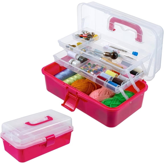 MyGift 13 Inch Dark Pink Plastic Craft Organizer Box with Expandable Trays Clear Storage Case with Handle for Sewing Tools First Aid Supplies Art Storage Home Travel
