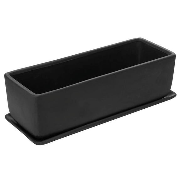 MyGift 14 Inch Ceramic Indoor Plant Pot, Rectangular Succulent Planter, Decorative Flower Planter with Drainage Hole and Removable Tray, Matte Black