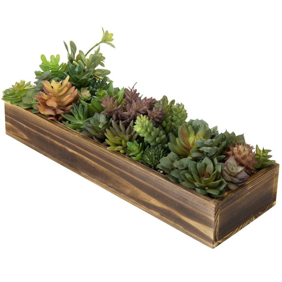 MyGift 15 inch Rustic Brown Wood Planter with Artificial Succulent