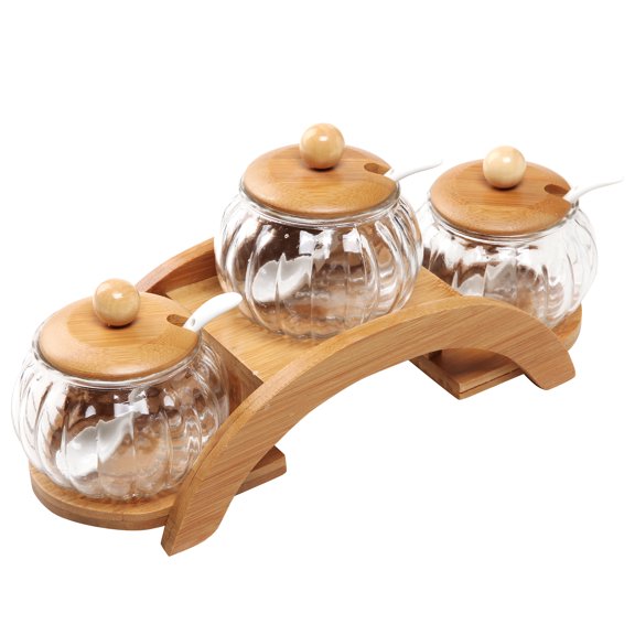 MyGift 16 oz Clear Glass Round Spice Jars with Ceramic Serving Spoons and Tiered Wood Display Rack