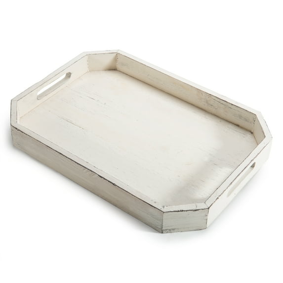 MyGift 16 x 12 Inch Rectangular Wood Serving Tray with Cut-out Handles, Whitewashed
