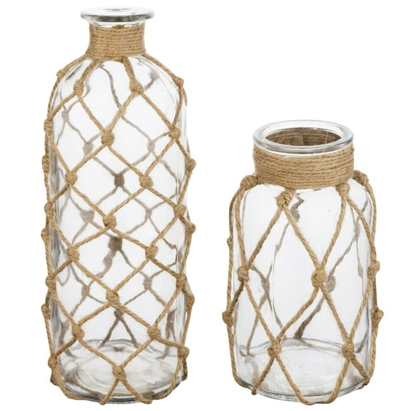MyGift 2 Piece Clear Glass Bottles with Rope Wrapping, Coastal Style