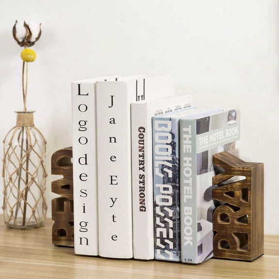 MyGift Book Ends Christian for Shelves, Wood Bookends Carved in Read and Pray Block Letters, Decorative Book Stands for Home Library Bookshelf Office Desk, Rustic Burnt Brown, 2 Pcs Set