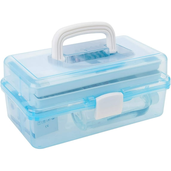 MyGift 2-Tier Clear Blue Plastic Multipurpose Storage Box with Handle & Trays