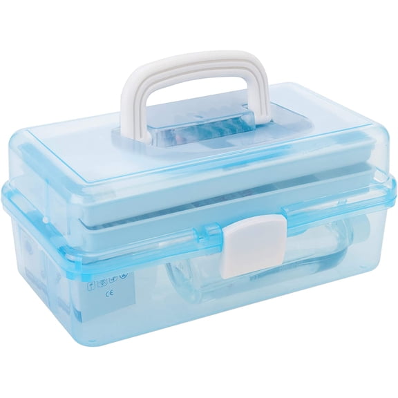 MyGift 2-Tier Clear Blue Plastic Multipurpose Storage Box with Handle & Trays