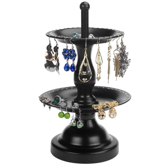 MyGift 2-Tier Fountain Style Black Earring Holder Stand and Ring Dish