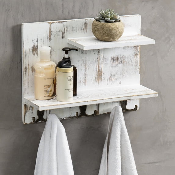 MyGift 2 Tier White Wood Wall Mounted Organizer Shelf with 6 Hooks, Rustic Rack