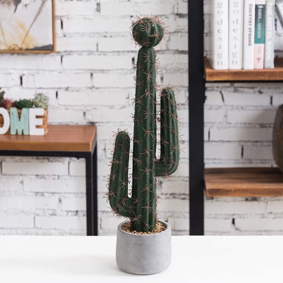 MyGift 21-inch Green Artificial Saguaro Cactus in Round Cement Planter Pot