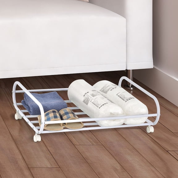 MyGift 25-Inch White Metal Under-Bed Storage Basket Cart with Rotating Wheels