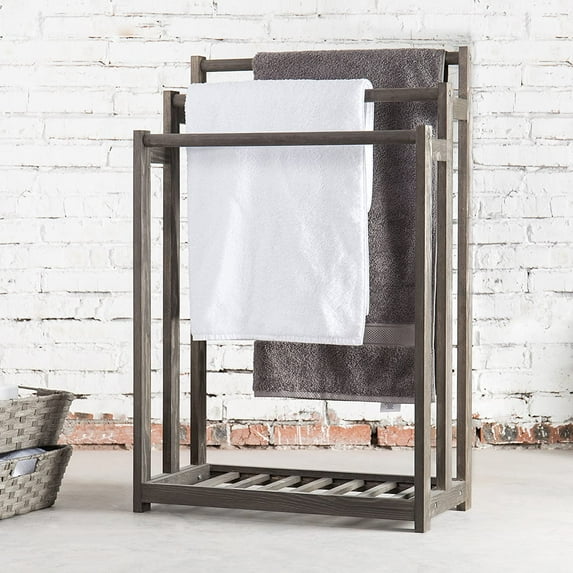 MyGift 3-Bar Wood Gray Towel and Quilt Rack Stand For Kitchen and Bathroom with Bottom Shelf