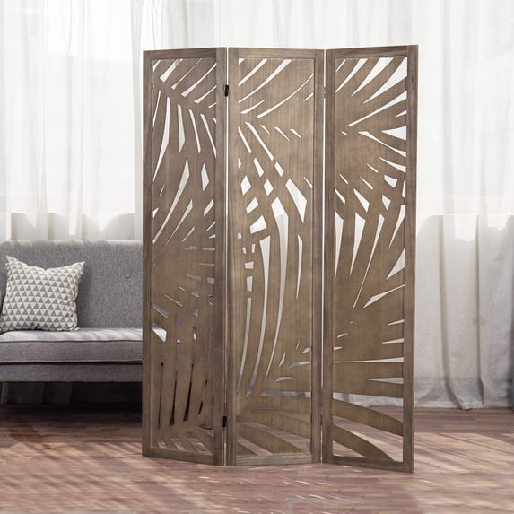 MyGift 3-Panel Brown Wood Room Divider, Tropical Palm Leaf Cutout Design