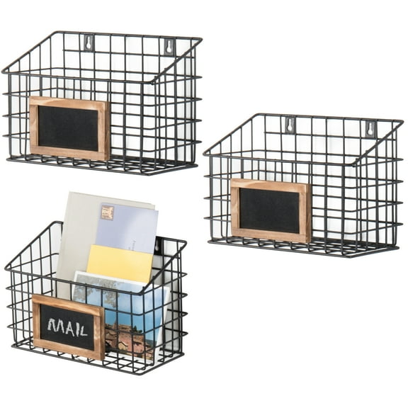 MyGift 3 Piece Wall Mounted Wire Baskets with Chalkboard Labels, Black