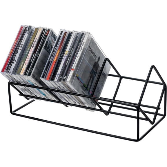 MyGift 3 Slot CD Holder Rack Matte Black Metal Wire Media Organizer for 30 Jewel Cases Tabletop DVD Game Storage Stand for Home Office Desk Shelf Display