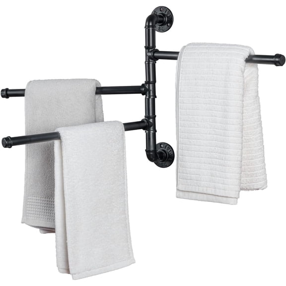 MyGift 3Tier Swivel Towel Rack, Wall Mounted Industrial Pipe Towel Bar for Bathroom & Kitchen, Matte Black Metal Organizer