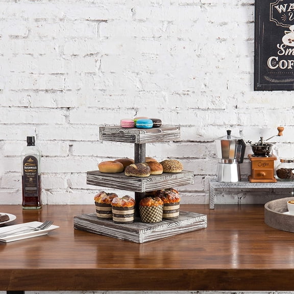 MyGift 3-Tier Torched Wood Dessert Stand