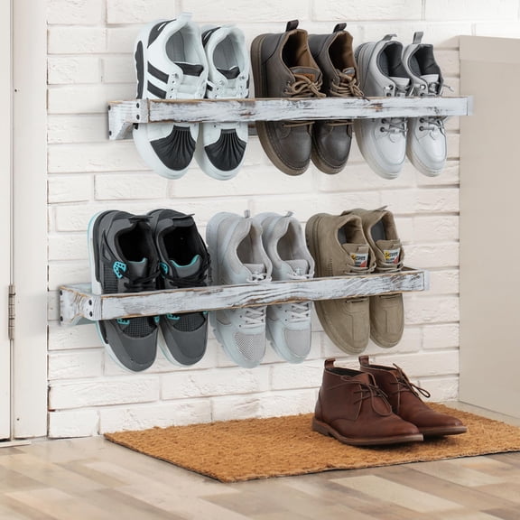 MyGift 30 Inch Shabby White Washed Solid Wood Wall Mounted Shoe Hanger Storage Rack, Hanging Shoes Organizer Shelf for Closet Mudroom Entryway, Set of 2 Holds 6 Pairs