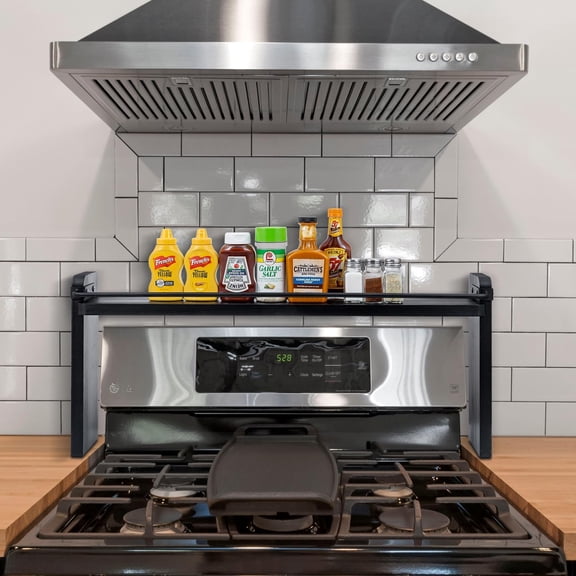 MyGift 33 Inch Coal Black Wood Stovetop Spice Shelf with Metal Rail, Modern Rustic Over Range Kitchen Storage Organizer