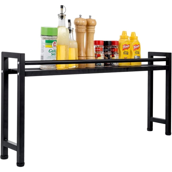 MyGift 33 Inch Wide Over The Stove Top Spice Shelf, Industrial Black Metal Stovetop Range Display Rack, Space Saving Kitchen Counter Storage Organizer Stand