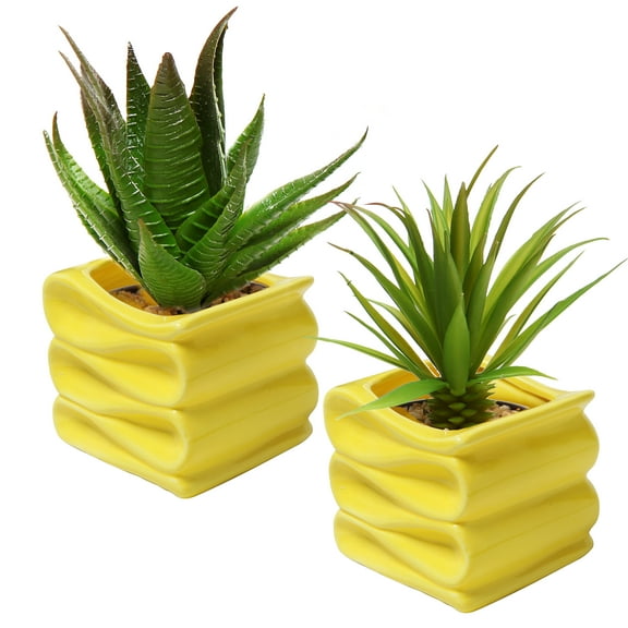 MyGift 4-Inch Folded Design Yellow Ceramic Plant Pot Planter, Set of 2