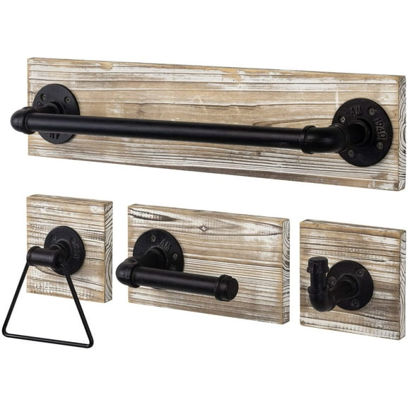 MyGift 4 Piece Bathroom Hardware Accessories Set, Torched Brown Wood