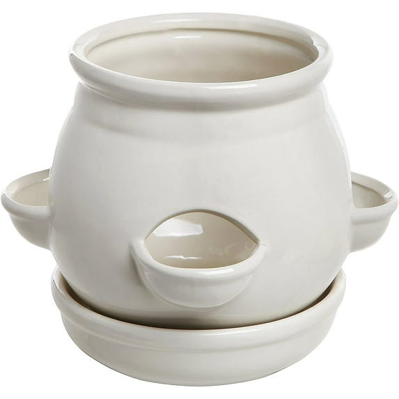 MyGift 4 Side Openings Design White Ceramic Plant Flower Container Pot with Saucer