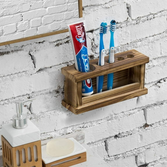 MyGift 4-Slot Wall Mounted Toothbrush and Toothpaste Holder, Burnt Wood