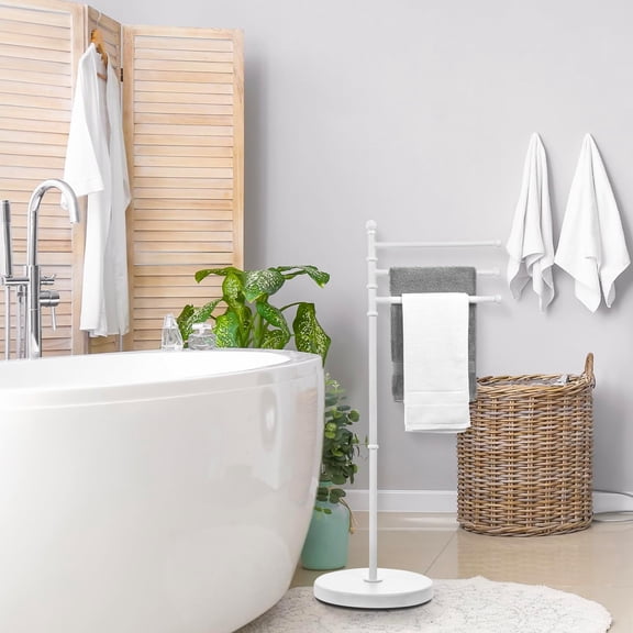 MyGift 40 Inch Bathroom Towel Rack Holder, Free Standing Bath Towel Rack with 3 Swivel Bars, Spa Pool Hot Tub Valet Accessories Stand for Drying Towels, Matte White Metal