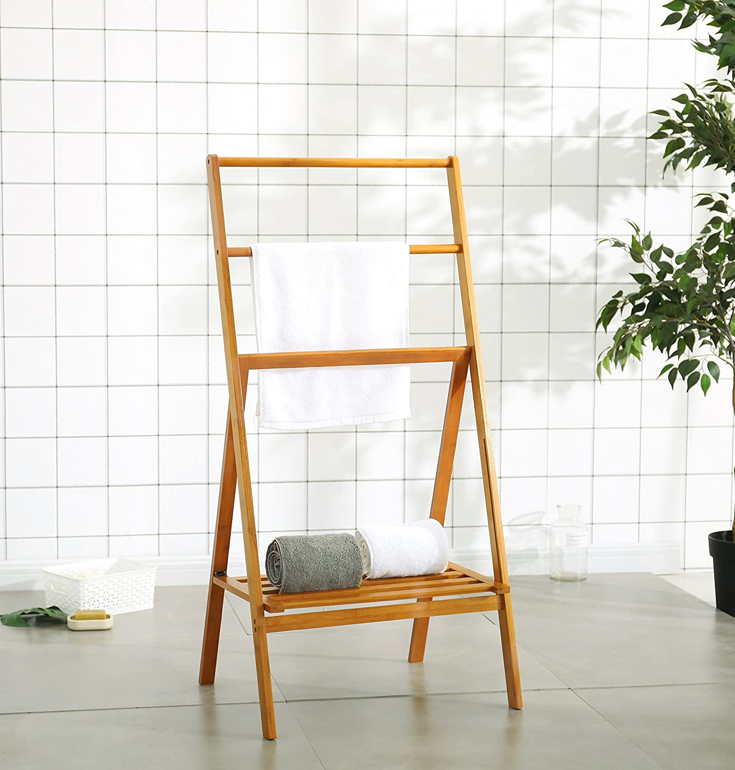 MyGift 43 inch Beige Freestanding Bamboo Folding Towel Rack