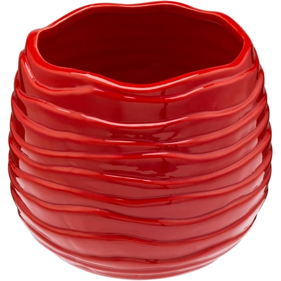 MyGift 5.5 Inch Modern Red Ceramic Plant Pot with Drainage Hole and Decorative Wavy Design, Small Succulent Planter Container