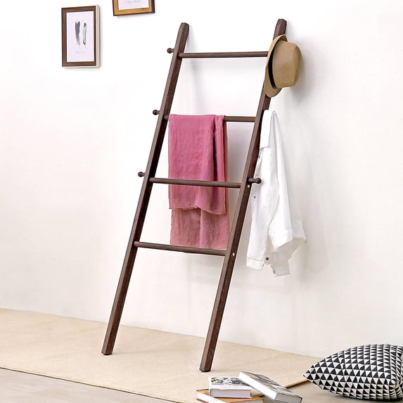MyGift 5 Foot Wall-Leaning Dark Brown Wood Blanket and Towel Rack Ladder Shelf