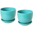 thumbnail image 1 of MyGift 5-inch Aqua Ceramic Flower Planter Pots, Sunburst Design with Saucers, Set of 2, 1 of 6