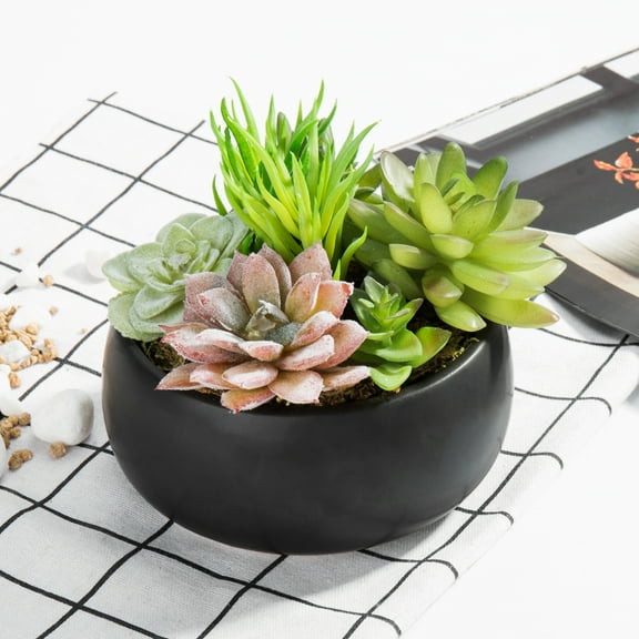 MyGift 5 inch Mini Black Ceramic Round Bowl with Artificial Succulents